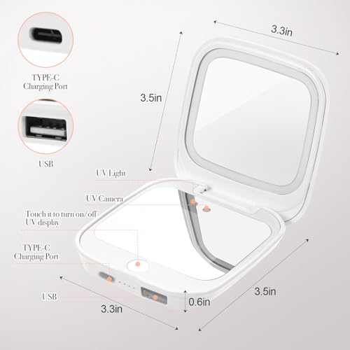 UV Camera Mirror for Sunscreen Test & SPF Detection, 1x/2x Magnifying Travel Mirror with Dimmable LED Lights, Handheld 2-Sided Portable Makeup Mirror for Handbag/Pocket,White