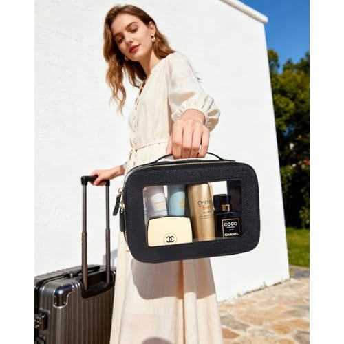 Clear Makeup Bag Set, Small Portable Clear Makeup Bag Cute Waterproof Travel Cosmetic Bag Makeup Pouch TSA Approved Toiletry Bag Women Traveling Car Organizer Car Essentials (Black, Standard + Mini)