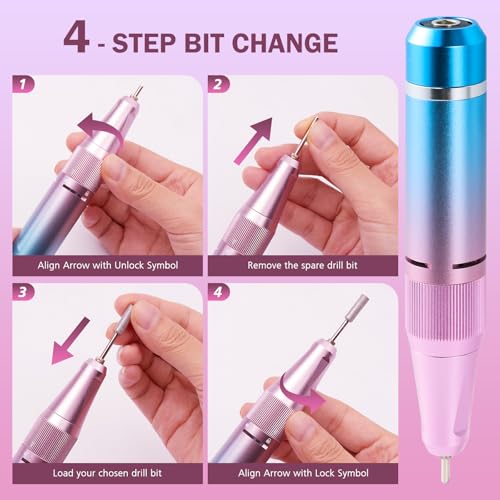 Professional Nail Drill, 40000RPM Electric Nail File for Acrylic Gel Nails Polishing Removing, Rechargeable Portable Cordless Nail Drill Kit with Full Set of Accessories at Salon Home