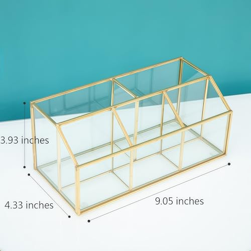 JIARI Gold 5-Compartment Desktop Organizer, Transparent Glass Makeup Brush Holder, 9.05x4.33x3.93 Inches Storage for Home Office and School Items (Gold-5 Slot)