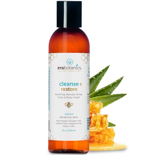 Era Organics Manuka Honey Face Wash for Sensitive Skin - Sulfate Free Gentle Cleanser with Organic Aloe Vera, Hyaluronic Acid & More - Soothing & Moisturizing for Dry Skin - Made in USA (4 oz)
