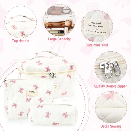 3Pcs Cotton Quilted Makeup Bag for Women Extra Large Coquette Small Floral Travel Cosmetic Bag Set Aesthetic Cute Bow Makeup Pouch Portable Toiletry Bag Puffy Essential Storage Organizer