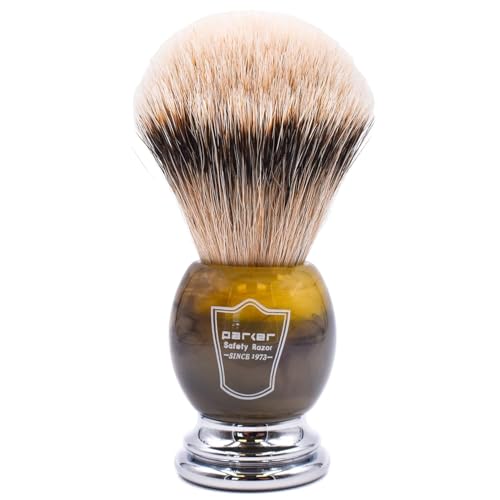 Parker 100% Silvertip Badger Shaving Brush ? Faux Horn Handle, Long Loft 22?mm Knot, Chrome Base + Resin Stand ? Rich Lather, Sensitive Skin Friendly