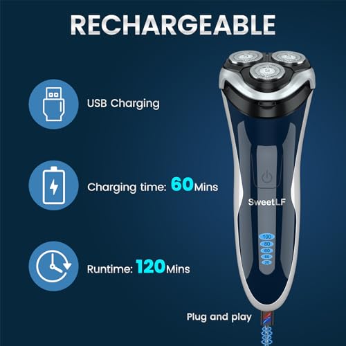 Electric Razor for Men, SweetLF 100% Waterproof Electric Shaver, USB C Rechargeable, Wet & Dry Rotary Shavers for Men with Pop-up Trimmer, Corded and Cordless, Navy Blue