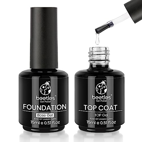 beetles Gel Polish Nail Art Liner Set with 2 Pcs 15ml No Wipe Gel Top Coat and Base Coat Set Gel Liner Nail Polish White Black Red Silver Nude Glitter Colors Paint Swirl Built Thin Brush in Bottle