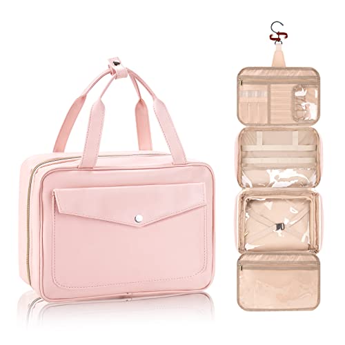 Hanging Travel Toiletry Bag for Men, Large Makeup Bag for Women, Water-resistant PU Leather Dopp Kit Shaving Bag For Full Sized Toiletries,Cosmetics Travel Organizer for Accessories (pink)