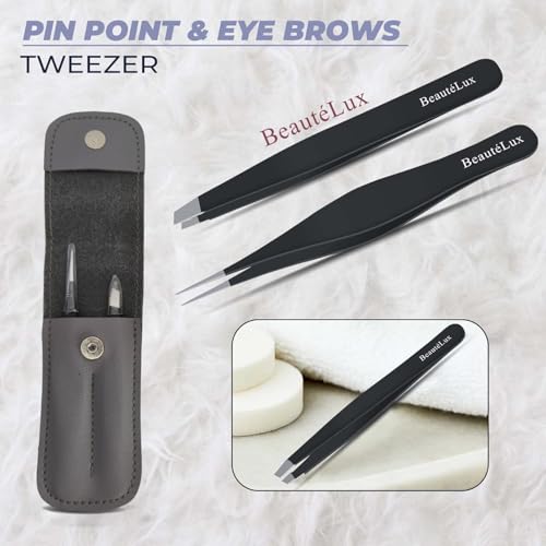 Precision Tweezer Set ? Slant & Pointed Tip Stainless Steel Eyebrow Tweezers with Leather Pouch, Professional Hair Removal for Ingrown Hair, Chin, Splinter & Blackhead