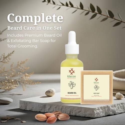 Beard Care Set with Beard Oil & Exfoliating Bar Soap for Men ? Prickly Pear & Argan Blend, Beard Oil for Men, Beard Wash Bar, Beard Moisturizer & Softener, Gifts for Him