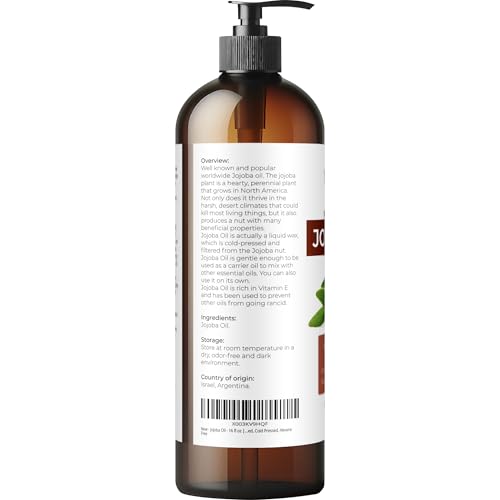 Jojoba Oil - 16 fl oz (with Pump) | 100% Pure and Natural | Golden, Unrefined, Cold Pressed, Hexane Free | Moisturizing Face, Hair, Body, Skin Care