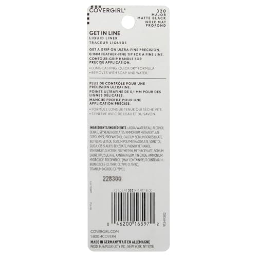 COVERGIRL Get In Line Liquid Eyeliner, Black Crystal, Long Lasting, 0.08 Ounces, Feather-Fine Tip, Contour-Grip Handle, Quick-Dry Liquid Eyeliner, Removes Easily