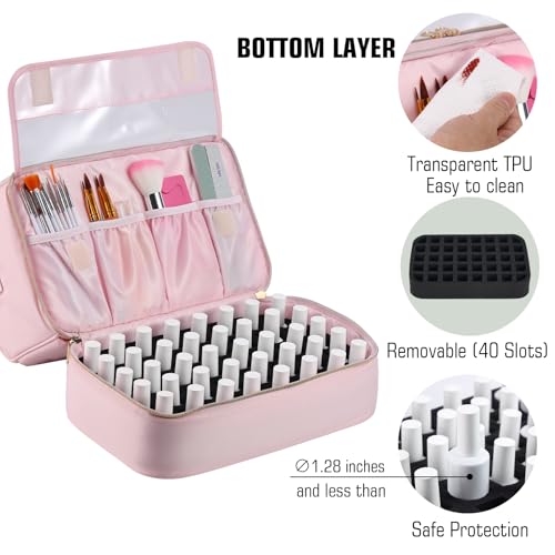 Nail Polish Organizer Case,Nail Polish Holder Holds 1 Nail Lamp & 50 Bottles,Nail Tech Travel Case,Waterproof Nail Kit Organizer Bag Fits Nail Supplies & Manicure Tools (Pink)