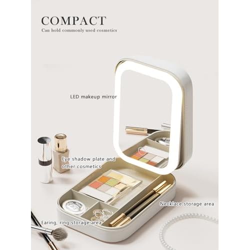 LED Lighted Makeup Mirror Box, Portable Jewelry Case with 3 Light Modes, 1200mAh Rechargeable, PU Portable Cosmetics Case with Handle, 6.5 x4.5 x 1.4 inches(White)