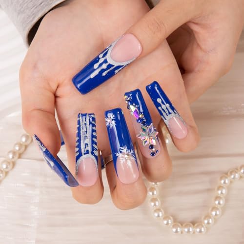 LOVFUL Press on Nails Snow Waltz Blue French Tip| Handmade with Full Covered Crystals | Reusable Fake Nails | Square Mid Length 1.7 in | H140-S