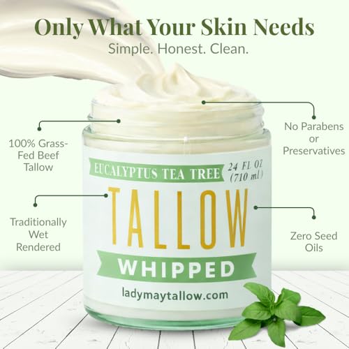 Whipped Tallow 24oz - All Natural Face Cream + Whole Body Moisturizer for Dry Skin - Made With Eucalyptus Oil - No Preservatives, Parabens or Seed Oils -USA Made (Eucalyptus Tea Tree)