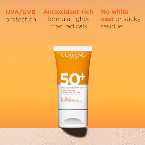 Clarins Dry Touch Face Sunscreen | Broad Spectrum SPF 50+ | UVA/UVB Protection | Lightweight and No White Cast | Enriched with Antioxidants | All Skin Types, including Sensitive Skin | 1.7 Ounces