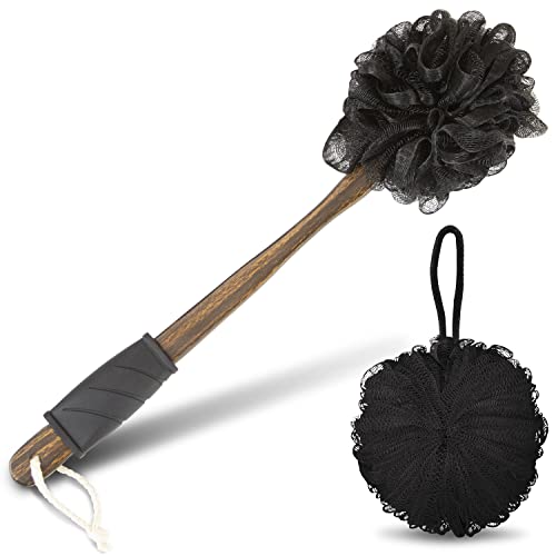 Vive 17¡± Shower Loofah with Long Handle - Exfoliating Back & Body Scrubber for Men & Women - Luffa Sponge on a Stick for Bathing, Cleaning - Includes Extra Handheld Lufa, Hook & String to Hang on Wall