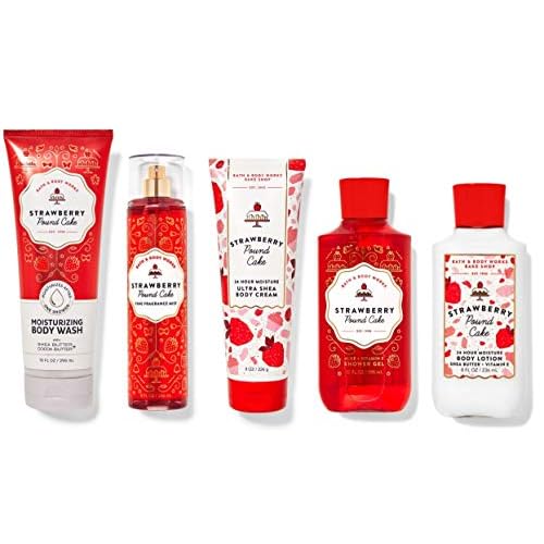 Bath & Body Works Skin Care Bundle Strawberry Pound Cake Wash Mist Cream Shower Gel and Lotion Full Size