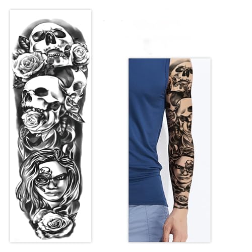 Fake Skull Temporary Sleeve Tattoos Halloween Arm Tattoos for Men Women,4-Sheet