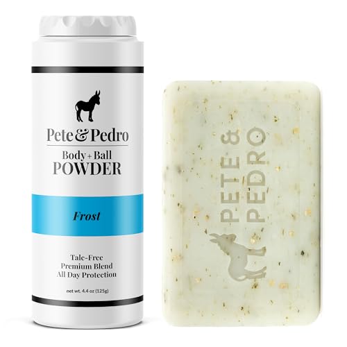 Pete & Pedro FROST Body & Balls Powder & FRESH Natural Body Bar Soap Combo ? Talc-Free Ball Powder for Men 4.4 oz | Hydrating & Exfoliating Soap Bar Shea Butter & Pumice 5 oz | Eliminates Sweat & Odor