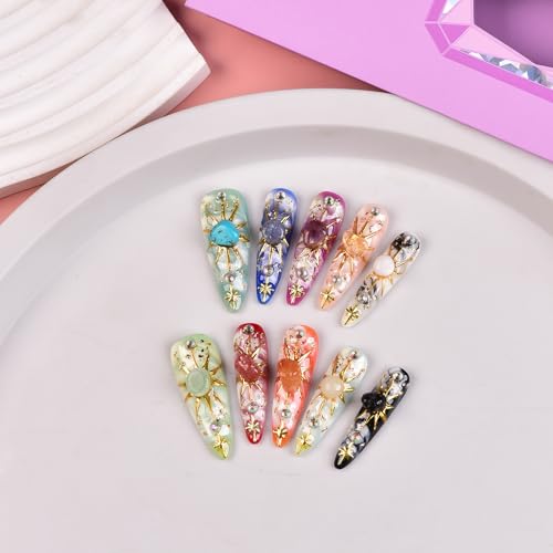 Tmani 10pc/set Long Handmade Press On Nail Hot Girl's Long Nails Ten Kinds of Natural Crystal Stone Decoration Fake Nails Suitable For Girls Festival Parties and Birthday Gift(442,M)