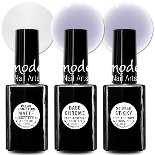SheModern Non-Stick MATTE + CHROME + STICKY Adhesive Base Clear Gel Polishes (Hema-Free, TOP-free) with Bonding Layer for Creative Dry Coloring of Chrome, Pigment, Glitter, and Sticker Decal