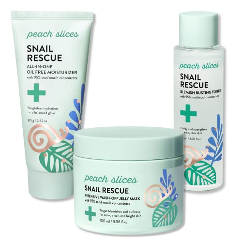 Peach Slices Snail Rescue Bundle | Blemish Busting Toner, Oil-Free Moisturizer & Wash-Off Mask | 95% Snail Mucin Concentrate | All Skin Types