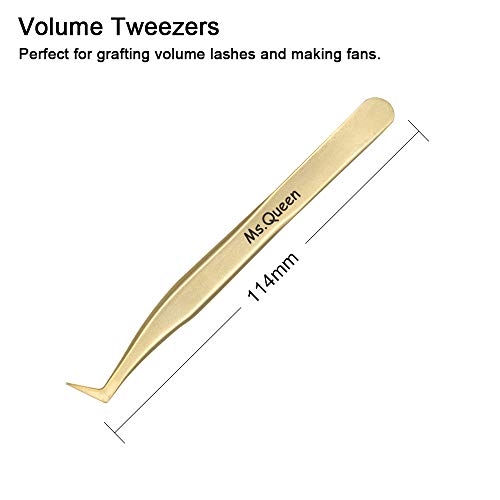 Ms.Queen Eyelash Extension Tweezers-Precision Tweezers for 2D-6D Volume&Individual False Lashes Extensions-Golden-L-Shaped Tweezers