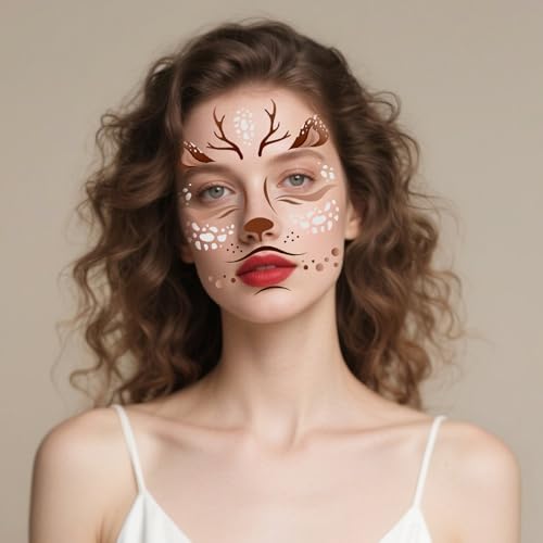 HOWAF 6 Sheets Halloween Deer Full Face Tattoos, Reindeer Face Stickers for Adults Man or Women Halloween Deer Costume Accessories, Elk Face Decals Fawn Horn Temporary Tattoos