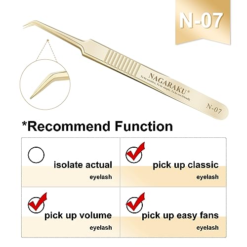 NAGARAKU Tweezers for Eyelash Extensions Gold Curved Angled Volume Cluster Super Light Weight Easy Fanning Tweezers Stainless Steel Precision (N-07)