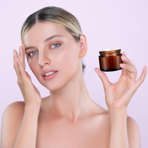 Domensi 2 oz Glass Jars with Lids, 32 Pcs Small Glass Jars with Lids Round Leakproof Airtight Empty Cosmetic Travel Containers with Inner Liners Lid for Makeup Lotions Cream Ointments Candle (Amber)