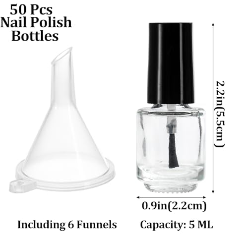 ZENFUN 50 Pack 5 ml Empty Nail Polish Bottles with Brush Cap, Clear Nail Polish Containers with 6 Funnel in Bulk, Glass Refillable Nail Bottles for Nail Art, Samples