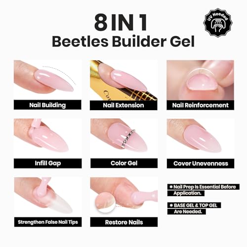 Beetles Builder Gel for Nails-Cover Nude Translucent 8 in 1 Nail Thickening Strengthening Building Apex for Beginner DIY Salon at Home,Natural Nude Builder Nail Gel, UV & LED Lamp Cured Needed