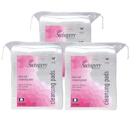 Swisspers Premium Ultra Soft Cleansing Pads – 50 Count (Pack of 3) – Large Rectangular Pads for Gentle and Versatile Skincare – 100% Lint-Free Cotton