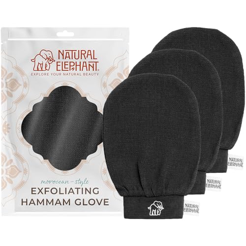 Natural Elephant Exfoliating Hammam Glove | Authentic Moroccan Kessa Body Scrub Mitt for Spa-Quality Skin Renewal | Pure Black 3 Pack