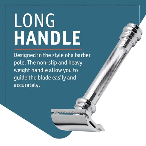 MERKUR 38C Double Edge Safety Razor - Bright Chrome, Extra Large Barber Pole Grip Brass Handle, Made in Germany, Plastic-Free, Two Piece Design, Closed Comb, Straight Bar