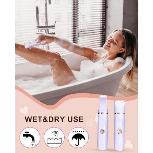 Bikini Trimmer for Women,Painless Electric Razor for Pubic Hair,Rechargeable Body Hair Trimmer,Electric Shaver Removal with Snap-in Ceramic Blades IP7X Washable Head,Wet and Dry Use, Light Purple