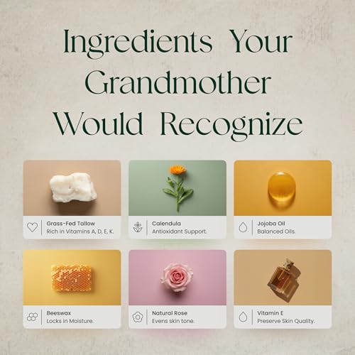 Beef Tallow for Skin - Tallow And Herbal Balm For Face - Gift Ready Box - Tallow Face Moisturizer - Tallow Balm - Grass Fed Tallow Face Cream Lotion (5.0 Oz, Herbal-Rose)