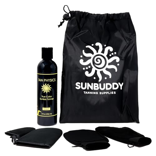 Tan Physics Self Tanner & Sunbuddy Deluxe Bundle (6pcs)?Face & Body Tanner Mitts, Exfoliation Glove, Application Mitt, Storage Bag & 8oz True Color Sunless Tanning Lotion-self tanning mitt applicator