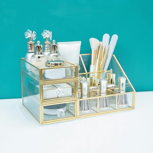 JIARI Glass Makeup Organizer with Drawer, Gold Frame Jewelry Display Box, Nordic Style Cosmetic Storage for Vanity Bathroom Bedroom Office, 10.23x6.29x5.11 Inches (Storage Box-A32)