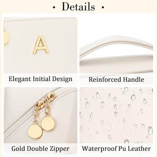 Birthday Gifts for Women Teen Girl, Personalized Initial Makeup Organizer Bag Set, Open Flat Travel Cosmetic Bag With Clear Divider and Handle(Large-Beige,A)