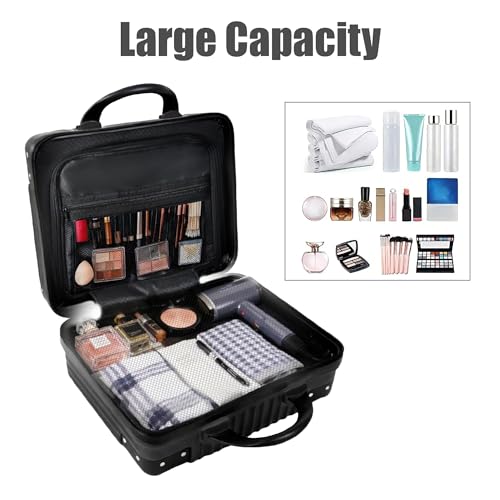 14 Inch Portable Makeup Travel Case Hand Luggage, Pressure-proof Carrying Makeup Case Suitcase with Elastic Band, Small Hard Case Toiletry Bag for Travel Camping Women Girl-Black
