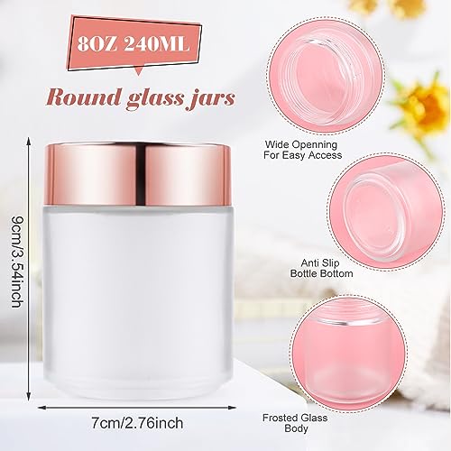 Furnido 6 Pack 8 oz Frosted White Round Glass Jars,Empty Glass Cosmetic Jars with Rose-Golden Lids,Inner Liners for Lotion,Powders,Ointments,Body Butter,Candle Making