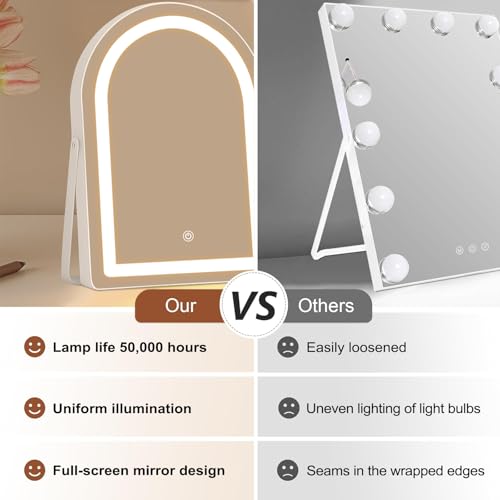 12 Inch LED Vanity Makeup Mirror with Lights, Metal Frame Lighted Tabletop Mirror with 3 Color Dimmable Touch Control, 360¡Æ Rotation Perfect for Desk or Dressing Room