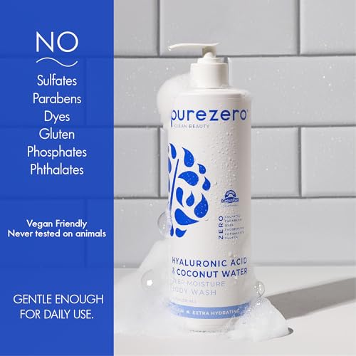Purezero Hyaluronic Body Wash Deep Moisturizer - Soft Skin Hydration - Moisturizing Skin Cleanser + Coconut Water - No Sulfates, Parabens, Dyes (2 Pack)