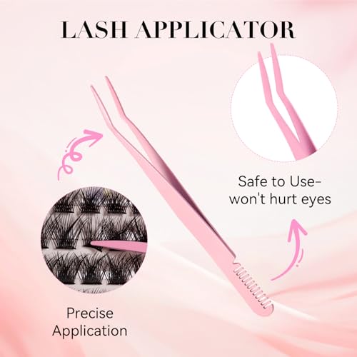False Eyelashes Butterfly D Curl Lash Clusters Kit 144PCS, 8-16mm Wispy & Hypoallergenic with Pink 4-in-1 Tools for Daily or Special Occasions