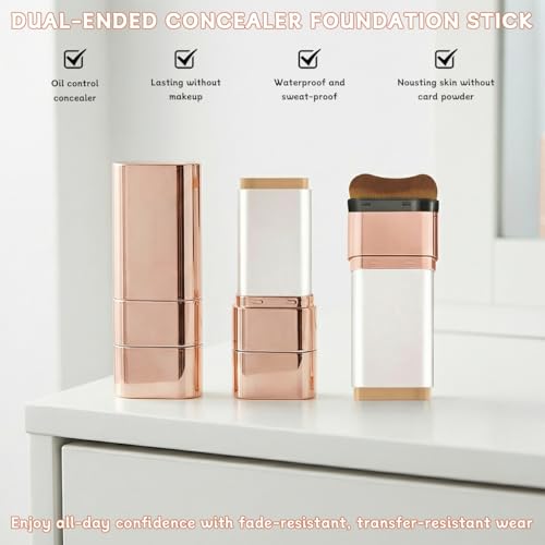 Luminous Dual-Ended Concealer Foundation Stick with Brush, 3-in-1 Foundation Stick, Lightweight Full Coverage, Brightening & Long-Lasting for All Skin Types, 2-Pack (Natural)