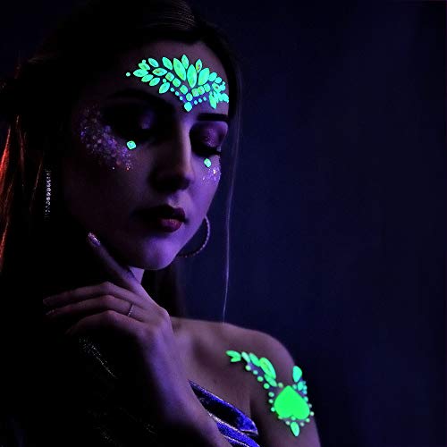 8Sets Glow in the Dark Face Gems Jewels Rave Noctilucent blacklight UV Body Stickers Luminous tattoos mermaid accessories pasties makeup for Women Halloween Festival