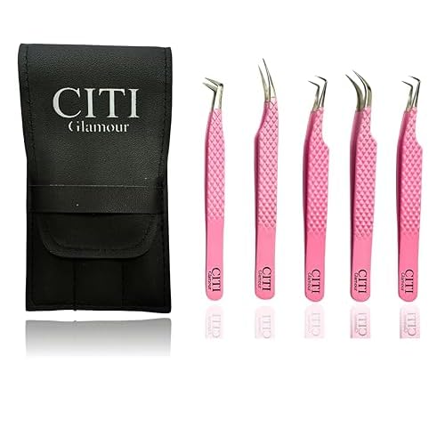 Lash Tweezers For Eye Lash Extension set of 5 Precise Fiber Tip with Diamond Grip Complete set for Volume Lashes Pink