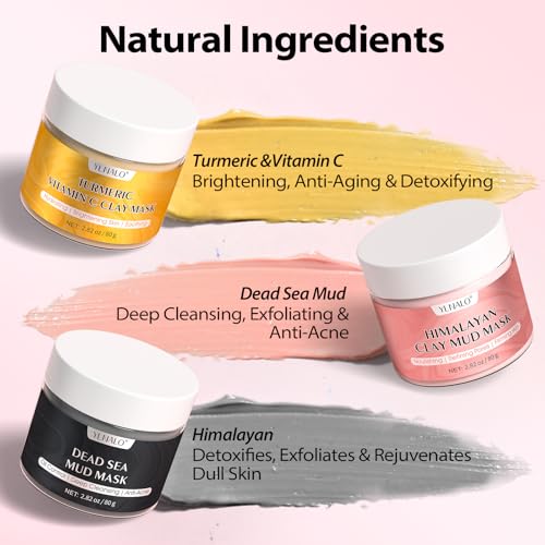 YLNALO Women's Day Skincare Gift 3 Pcs Clay Facial Mask Set - Turmeric Vitamin C, Dead Sea and Himalayan Clay Skin Care Mask for Deep Cleansing, Moisturizing, and Refining Pores, Spa Facial Mask Set