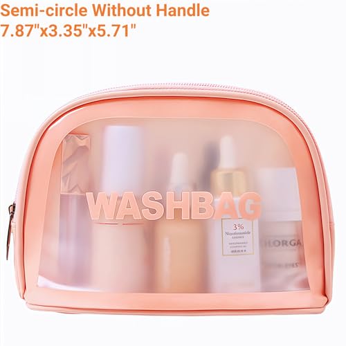 Waterproof Clear Frosted Travel Toiletry Bag For Men & Women: 3-Size Handle Cosmetic Case + 4 Pre-Labeled 2Oz Bottles & Sticker. Large Washbag Organizer. (Soft Pink)